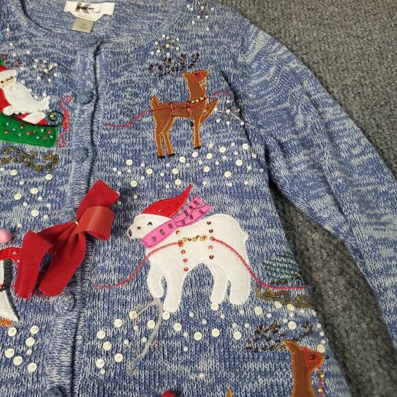 Grandma Sweater Christmas Santa Penguin Reindeer Beaded Embroidere Kikit Blue XL - Picture 5 of 8